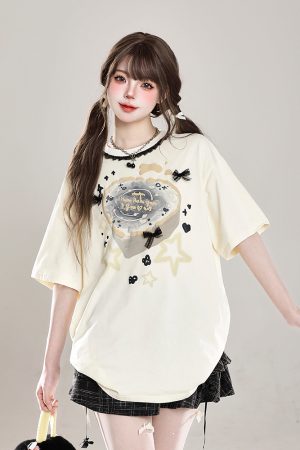 Sweet Floral Lace Print Short-Sleeve T-Shirt for Women, Slim Fit Summer 2025 Cute Half-Sleeve Top, Perfect for Y2K Style