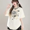 Sweet Floral Lace Print Short-Sleeve T-Shirt for Women, Slim Fit Summer 2025 Cute Half-Sleeve Top, Perfect for Y2K Style