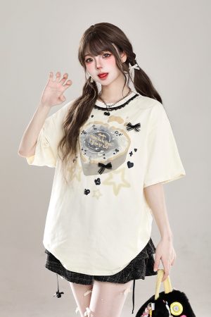 Sweet Floral Lace Print Short-Sleeve T-Shirt for Women, Slim Fit Summer 2025 Cute Half-Sleeve Top, Perfect for Y2K Style
