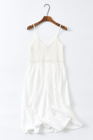 Sweet Hollow Knitted Camisole Dress - Summer Seaside Fairy Style with Waist-Cinching Design in White