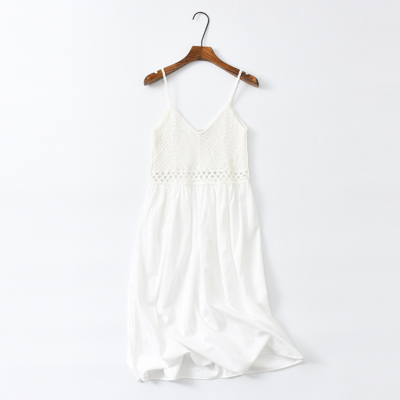 Sweet Hollow Knitted Camisole Dress - Summer Seaside Fairy Style with Waist-Cinching Design in White Sweet Hollow Knitted Camisole Dress - Summer Seaside Fairy Style with Waist-Cinching Design in White