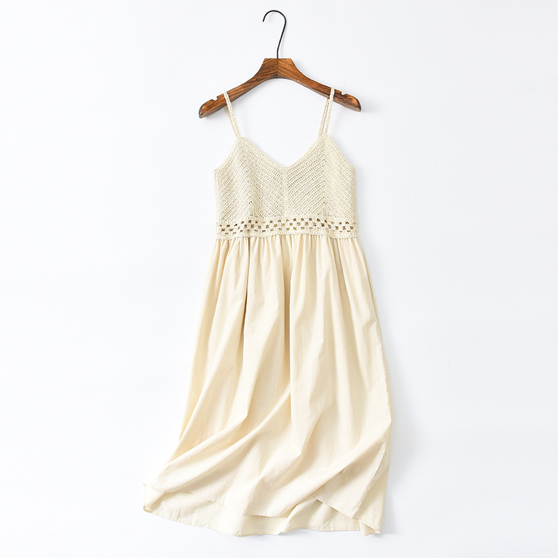 Sweet Hollow Knitted Camisole Dress - Summer Seaside Fairy Style with Waist-Cinching Design in White Sweet Hollow Knitted Camisole Dress - Summer Seaside Fairy Style with Waist-Cinching Design in White