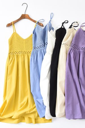 Sweet Hollow Knitted Camisole Dress - Summer Seaside Fairy Style with Waist-Cinching Design in White