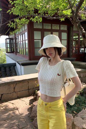 Sweet Orange Soda Short Sleeve Knitted Top - Women's Summer Round Neck T-Shirt, Regular Shoulder, Dopamine Style, Casual Fashion