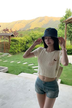 Sweet Orange Soda Short Sleeve Knitted Top - Women's Summer Round Neck T-Shirt, Regular Shoulder, Dopamine Style, Casual Fashion