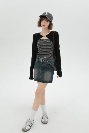 Sweet & Spicy Textured Striped Long-Sleeve Two-Piece Women's Tank Top - American Style Spring Fashion