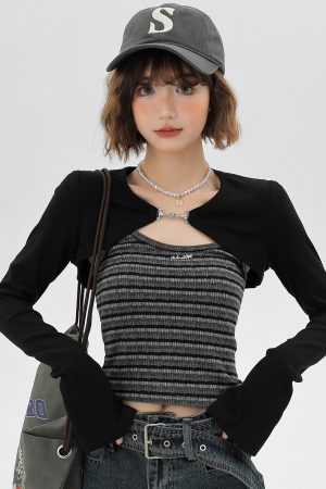 Sweet & Spicy Textured Striped Long-Sleeve Two-Piece Women's Tank Top - American Style Spring Fashion