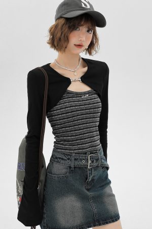 Sweet & Spicy Textured Striped Long-Sleeve Two-Piece Women's Tank Top - American Style Spring Fashion