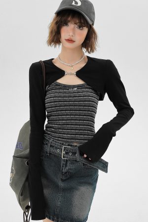 Sweet & Spicy Textured Striped Long-Sleeve Two-Piece Women's Tank Top - American Style Spring Fashion