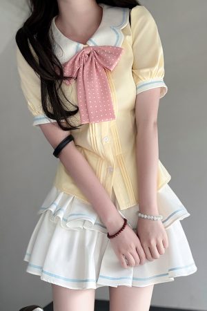 Sweet Style Short Sleeve Sailor Suit Set with Cake Skirt - 2025 Summer Pudding Bear JK Uniform Fashion for Y2K & Korean Style Lovers