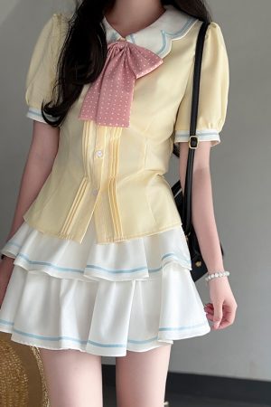 Sweet Style Short Sleeve Sailor Suit Set with Cake Skirt - 2025 Summer Pudding Bear JK Uniform Fashion for Y2K & Korean Style Lovers