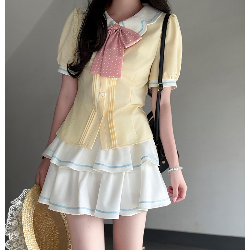 Sweet Style Short Sleeve Sailor Suit Set with Cake Skirt - 2025 Summer Pudding Bear JK Uniform Fashion for Y2K & Korean Style Lovers Sweet Style Short Sleeve Sailor Suit Set with Cake Skirt - 2025 Summer Pudding Bear JK Uniform Fashion for Y2K & Korean Style Lovers