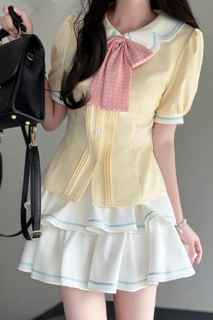 Sweet Style Short Sleeve Sailor Suit Set with Cake Skirt - 2025 Summer Pudding Bear JK Uniform Fashion for Y2K & Korean Style Lovers