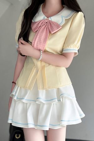 Sweet Style Short Sleeve Sailor Suit Set with Cake Skirt - 2025 Summer Pudding Bear JK Uniform Fashion for Y2K & Korean Style Lovers