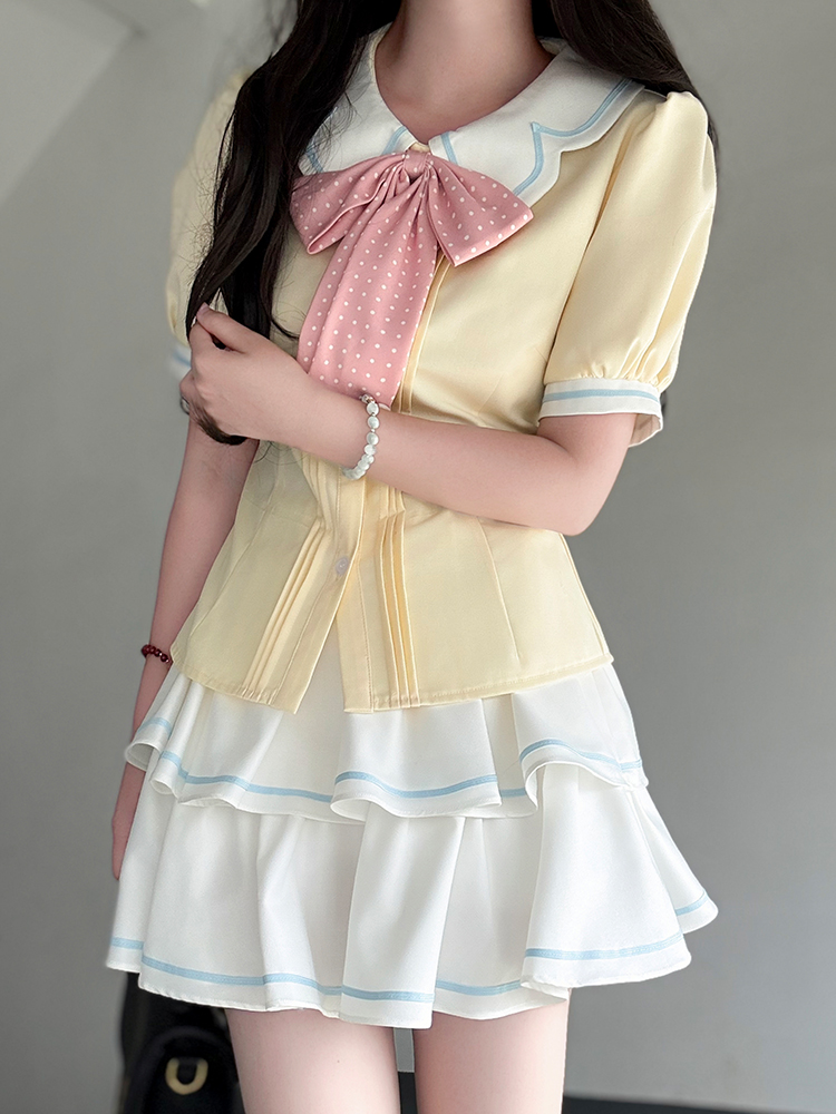Sweet Style Short Sleeve Sailor Suit Set with Cake Skirt - 2025 Summer Pudding Bear JK Uniform Fashion for Y2K & Korean Style Lovers Sweet Style Short Sleeve Sailor Suit Set with Cake Skirt - 2025 Summer Pudding Bear JK Uniform Fashion for Y2K & Korean Style Lovers