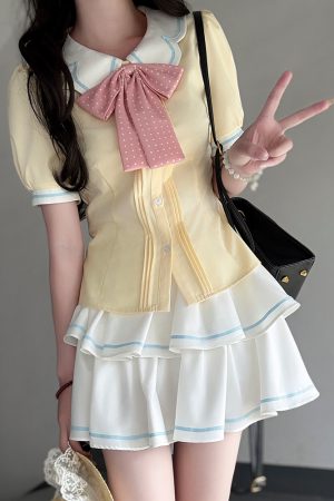 Sweet Style Short Sleeve Sailor Suit Set with Cake Skirt - 2025 Summer Pudding Bear JK Uniform Fashion for Y2K & Korean Style Lovers