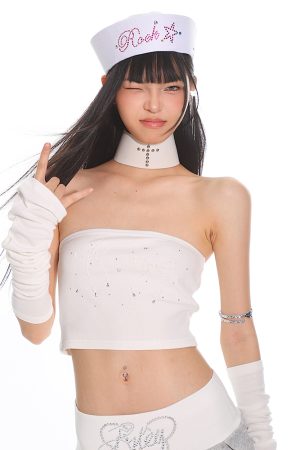 Sweet Style Strapless Crop Top and Sleeve Set with Bowknot, Pearl, and Rhinestone Details â€“ Perfect for Early Autumn Fashion