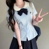 Sweet Waist-Defining Slim Fit Women's Short Sleeve JK Uniform Shirt Top with Pudding Bear Design - Summer College Style