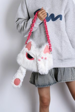 Sweet White Face-Covering Cat Bag - Cute Plush Shoulder Crossbody Bag for Y2K and Korean Style Lovers