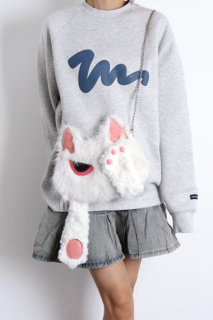 Sweet White Face-Covering Cat Bag - Cute Plush Shoulder Crossbody Bag for Y2K and Korean Style Lovers