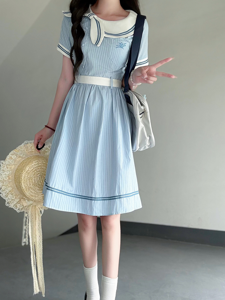 Sweetheart Pudding Bear JK Uniform College Style Dress with Butterfly Collar - Slimming Summer Dress for Women Sweetheart Pudding Bear JK Uniform College Style Dress with Butterfly Collar - Slimming Summer Dress for Women