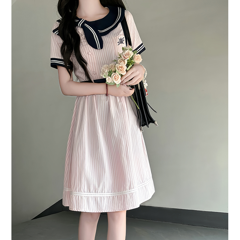 Sweetheart Pudding Bear JK Uniform College Style Dress with Butterfly Collar - Slimming Summer Dress for Women Sweetheart Pudding Bear JK Uniform College Style Dress with Butterfly Collar - Slimming Summer Dress for Women