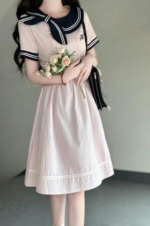 Sweetheart Pudding Bear JK Uniform College Style Dress with Butterfly Collar - Slimming Summer Dress for Women