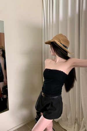 Sweetheart Strapless Lace Trim Slim-Fit Wrap Top - Soft Cheese Fabric, Elegant Inner Layer, Perfect for Y2K and 90s Style Outfits