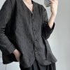 Textured Black and White Suit Jacket, Pleated Short V-Neck, Loose A-Line, New Chinese Style, Age-Reducing Autumn Layering Piece