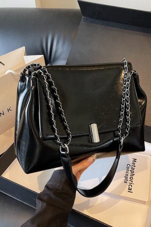 Textured High-End Tote Bag with Shiny Chain Shoulder Strap - Stylish Versatile Commuting School Bag for 2025