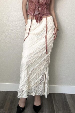 Textured Lace Long Dress for Women - Ethnic Style Vintage High-Slit Fitted Skirt, Perfect for Boho or Y2K Fashion Enthusiasts