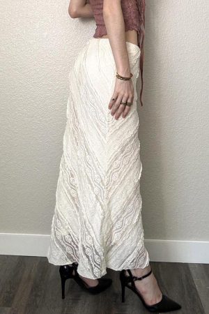 Textured Lace Long Dress for Women - Ethnic Style Vintage High-Slit Fitted Skirt, Perfect for Boho or Y2K Fashion Enthusiasts