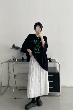 Textured Pleated Midi Skirt for Women - High-Waisted A-Line Design, Loose Fit, Perfect for Spring and Summer Fashion