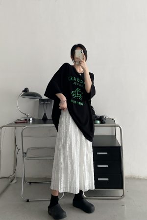 Textured Pleated Midi Skirt for Women - High-Waisted A-Line Design, Loose Fit, Perfect for Spring and Summer Fashion