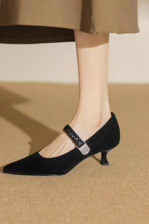 Textured Suede Kitten-Heel Shallow Mouth Shoes for Women - Elegant Pointed High Heels in French Fashion Style
