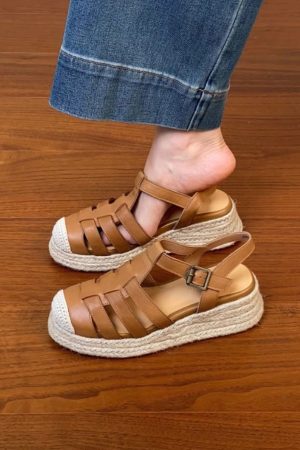 Thick Sole Open-Toe Sandals for Women - Summer 2025 Roman Style Hollow Pig Cage Cowhide Footwear