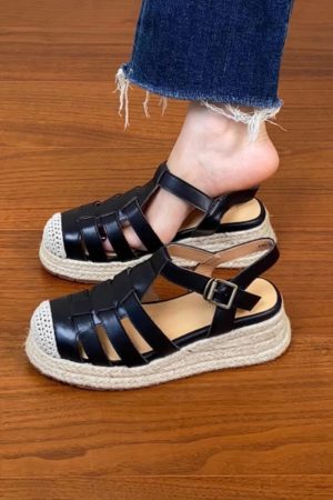 Thick Sole Open-Toe Sandals for Women - Summer 2025 Roman Style Hollow Pig Cage Cowhide Footwear