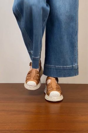 Thick Sole Open-Toe Sandals for Women - Summer 2025 Roman Style Hollow Pig Cage Cowhide Footwear