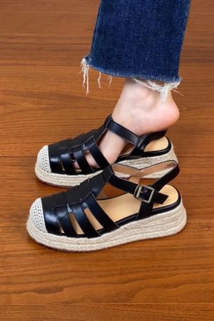 Thick Sole Open-Toe Sandals for Women - Summer 2025 Roman Style Hollow Pig Cage Cowhide Footwear