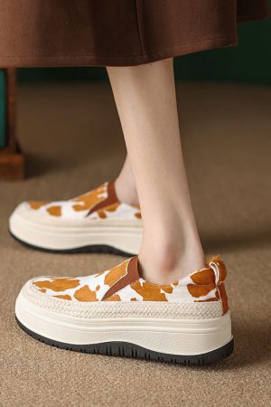 Thick-Soled Color-Blocked Loafers for Women - Genuine Leather, Comfortable Soft Sole, Italian-Style, Horsehair Design