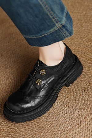 Thick-Soled Deep-Cut Leather Loafers for Women, 2025 Spring Fashion, Sheepskin Camellia Design, Trendy Y2K Style