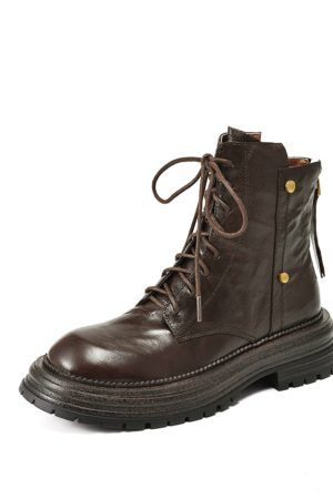 Thick-Soled Lace-Up Brown Martin Boots for Women - Small Lambskin Round-Toe Short Boots for Autumn Winter 2024