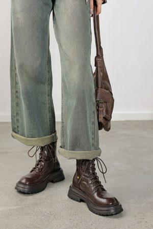 Thick-Soled Lace-Up Brown Martin Boots for Women - Small Lambskin Round-Toe Short Boots for Autumn Winter 2024