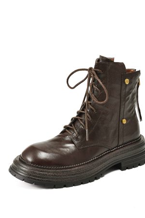 Thick-Soled Lace-Up Brown Martin Boots for Women - Small Lambskin Round-Toe Short Boots for Autumn Winter 2024