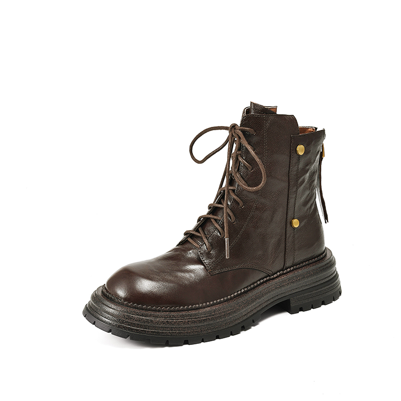 Thick-Soled Lace-Up Brown Martin Boots for Women - Small Lambskin Round-Toe Short Boots for Autumn Winter 2024 Thick-Soled Lace-Up Brown Martin Boots for Women - Small Lambskin Round-Toe Short Boots for Autumn Winter 2024