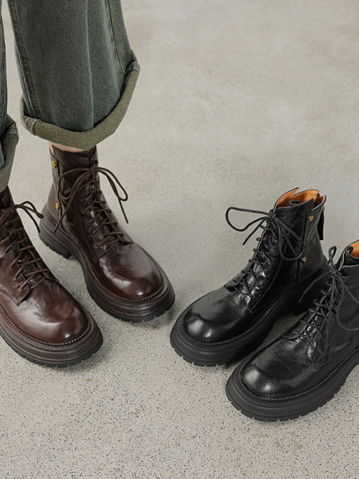 Thick-Soled Lace-Up Brown Martin Boots for Women - Small Lambskin Round-Toe Short Boots for Autumn Winter 2024 Thick-Soled Lace-Up Brown Martin Boots for Women - Small Lambskin Round-Toe Short Boots for Autumn Winter 2024