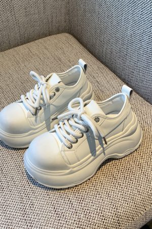 Thick-Soled Lace-Up Casual Sneakers for Women, Height-Increasing White Shoes for Spring 2025, Trendy Outdoor Footwear