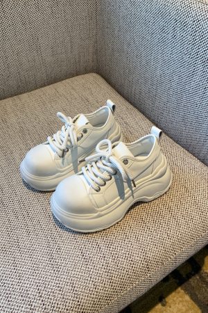 Thick-Soled Lace-Up Casual Sneakers for Women, Height-Increasing White Shoes for Spring 2025, Trendy Outdoor Footwear