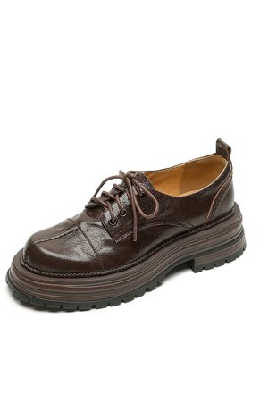 Thick-Soled Lace-Up Flats for Women, Deep Mouth Round-Toe Loafers, Sheepskin Leather, Spring 2025, Stylish Casual Footwear