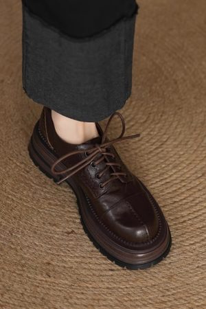 Thick-Soled Lace-Up Flats for Women, Deep Mouth Round-Toe Loafers, Sheepskin Leather, Spring 2025, Stylish Casual Footwear